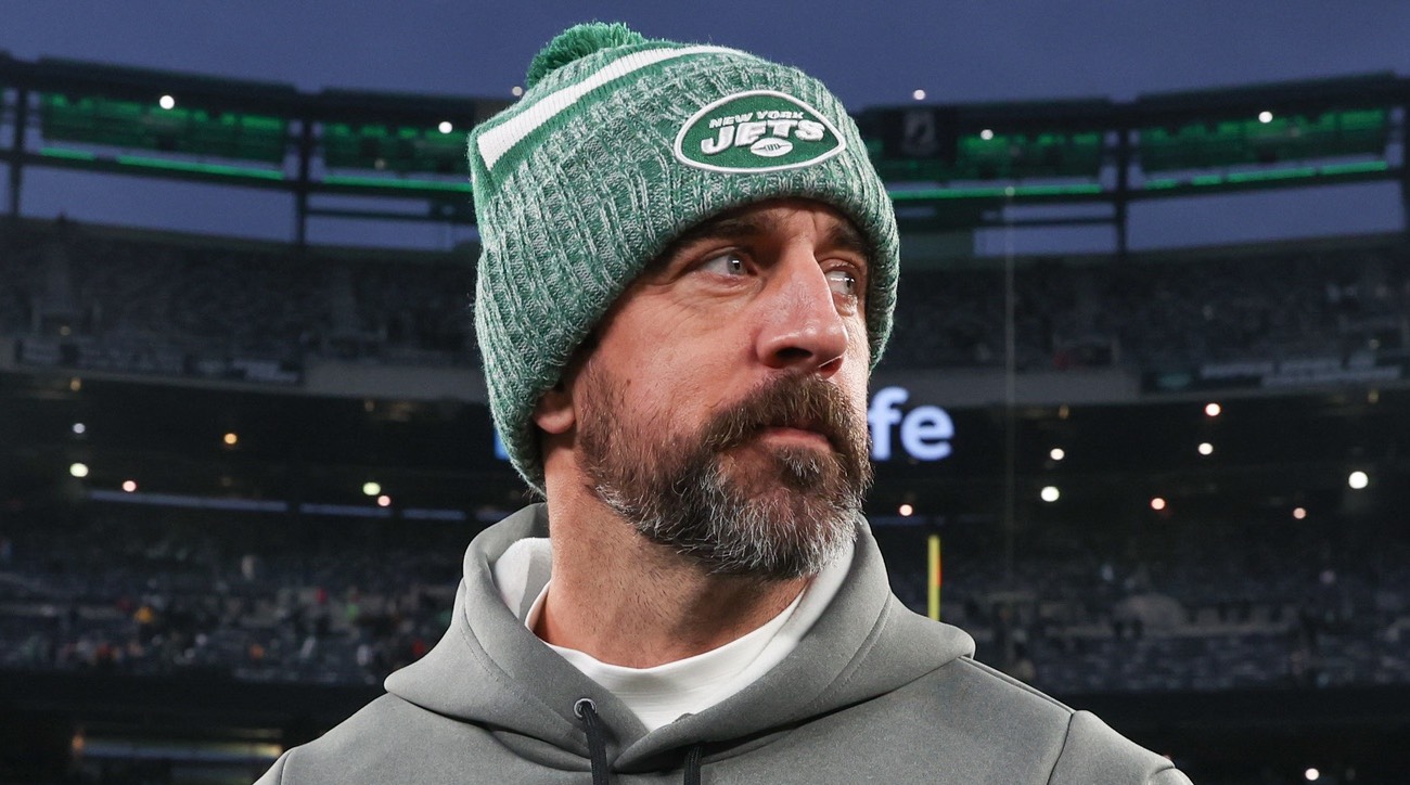 Dec 24, 2023; East Rutherford, New Jersey, USA; New York Jets quarterback Aaron Rodgers (8) on the field after the game against the Washington Commanders at MetLife Stadium. 